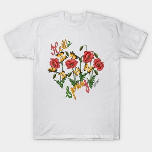 Hello Spring Poppies And Butterflies Art T-Shirt